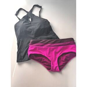 Athleta Black Tankini Top with Magenta Bikini Bottoms